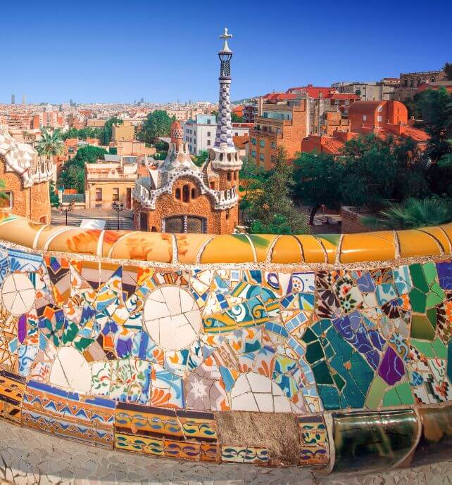 Colorful mosaic tiles and architecture in Park Güell, Barcelona