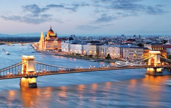 Chain Bridge and Parliament in Budapest at dusk
