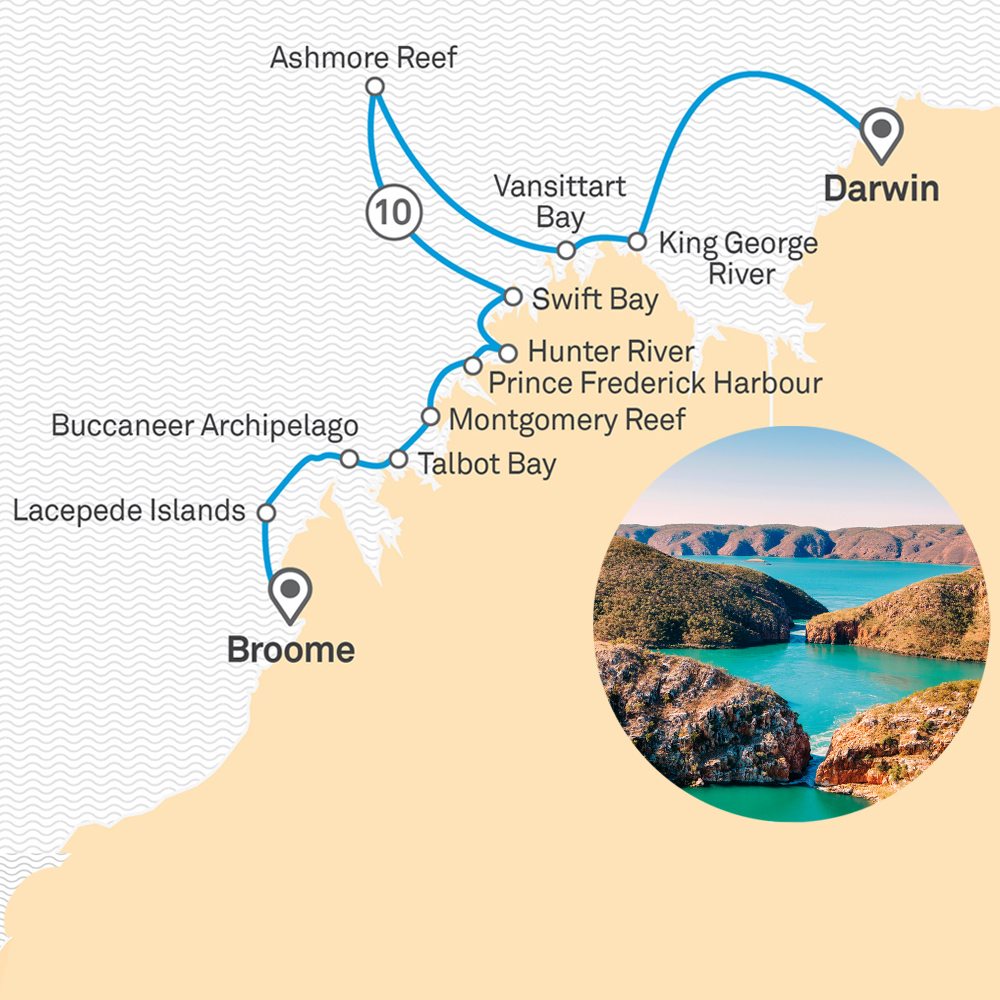 Scenic Itinerary map for Kimberley, Australia yacht cruise