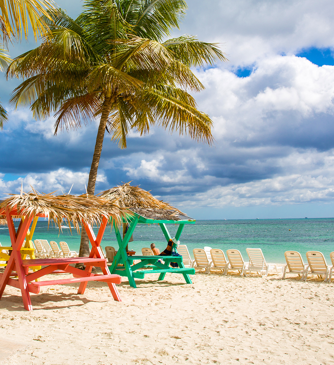 A Caribbean beach with palm tree and red and green tables